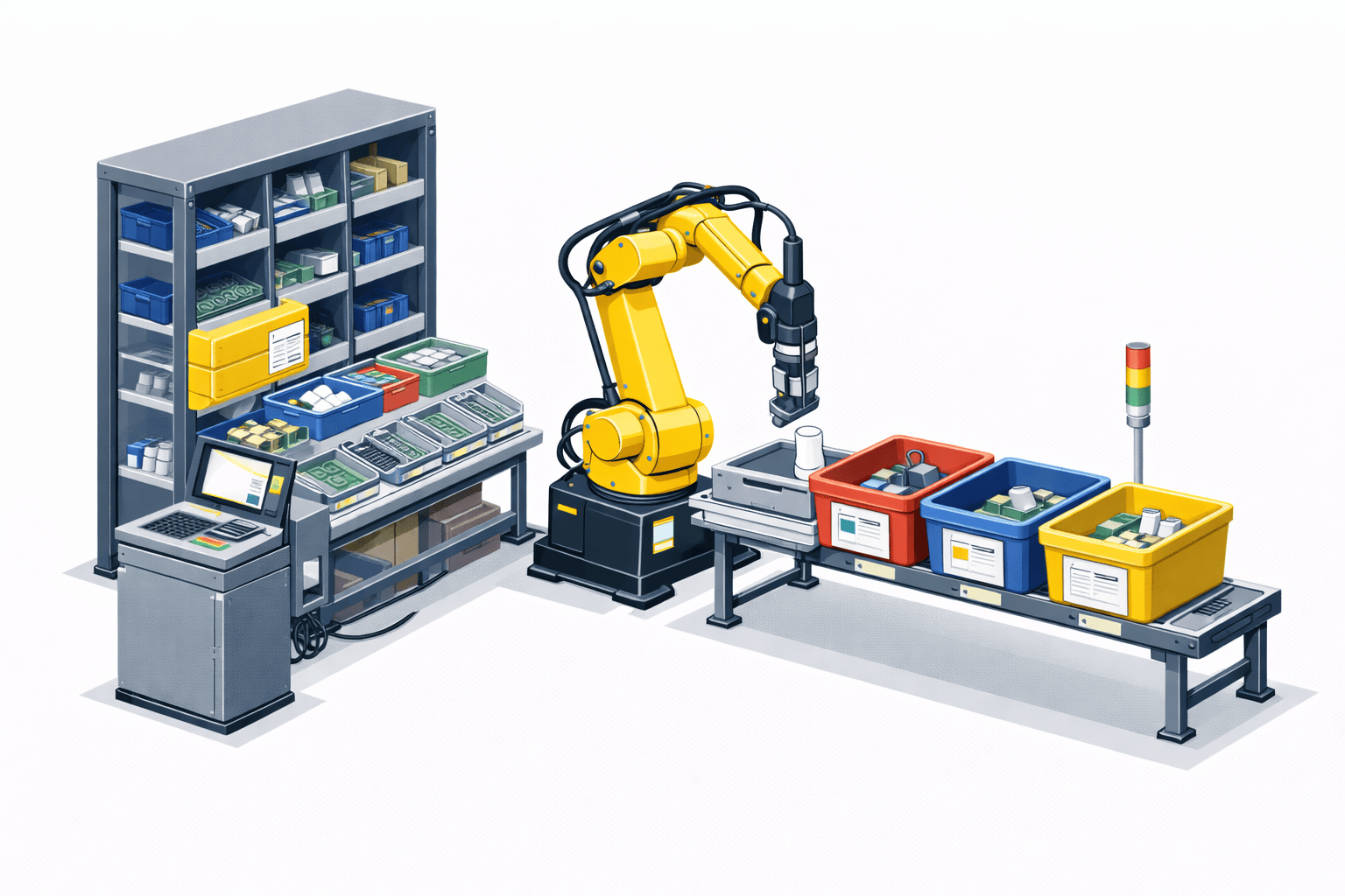 automated kitting cell with vision guided robot picking components from bins and placing them into organized trays for accurate assembly preparation