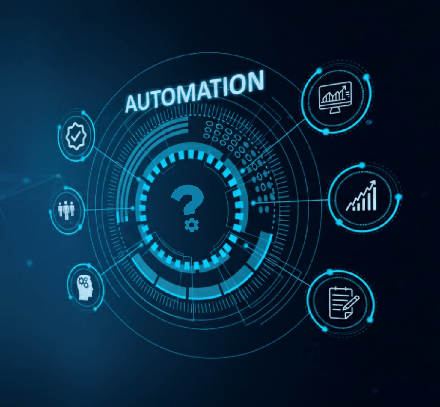 digital automation concept with central gear icons and question mark surrounded by circular interface elements showing quality control analytics workforce and process improvement indicators on dark blue background
