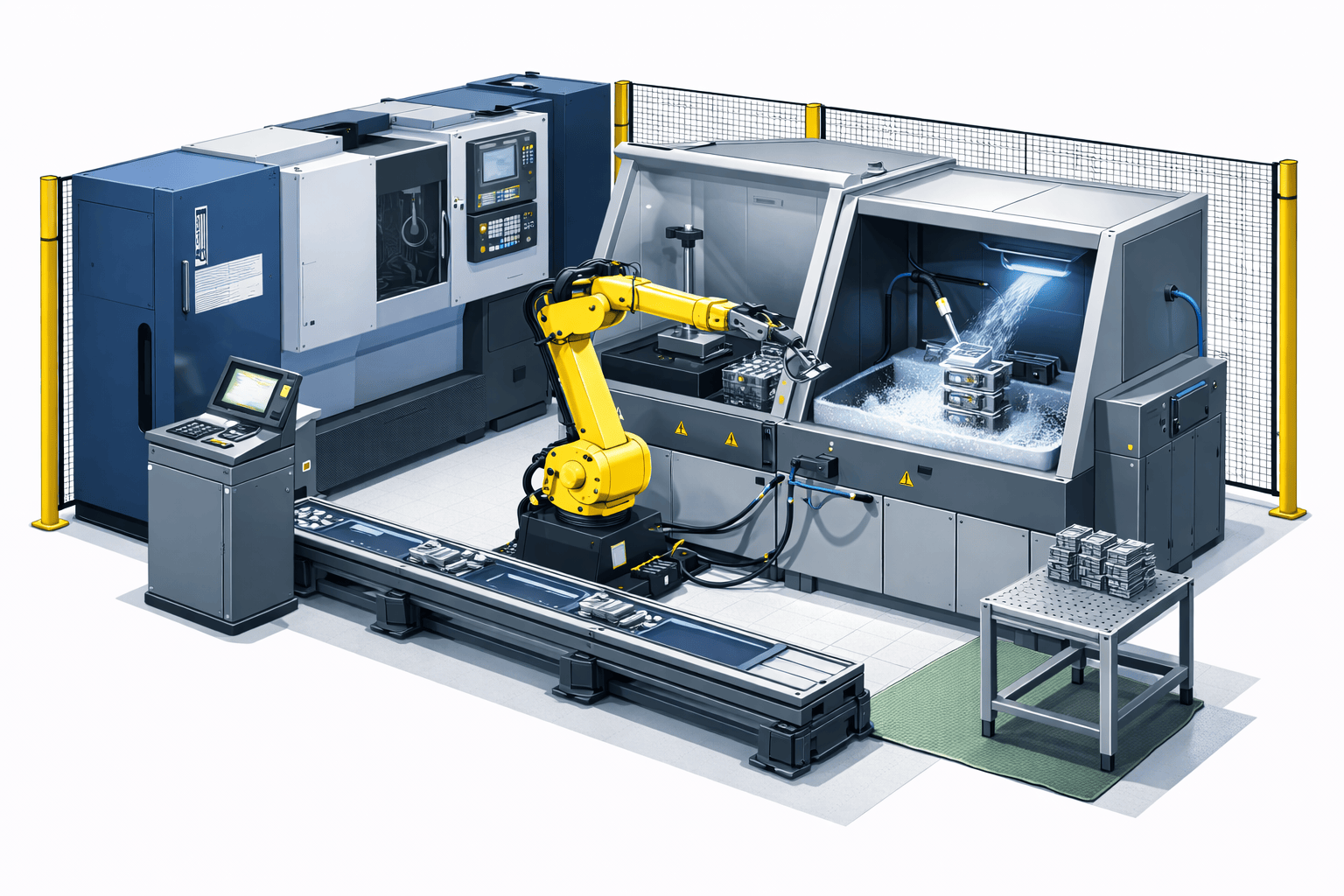 cnc deburring and wash cell with robotic finishing and automated cleaning system removing burrs and residue to prepare parts for downstream processes