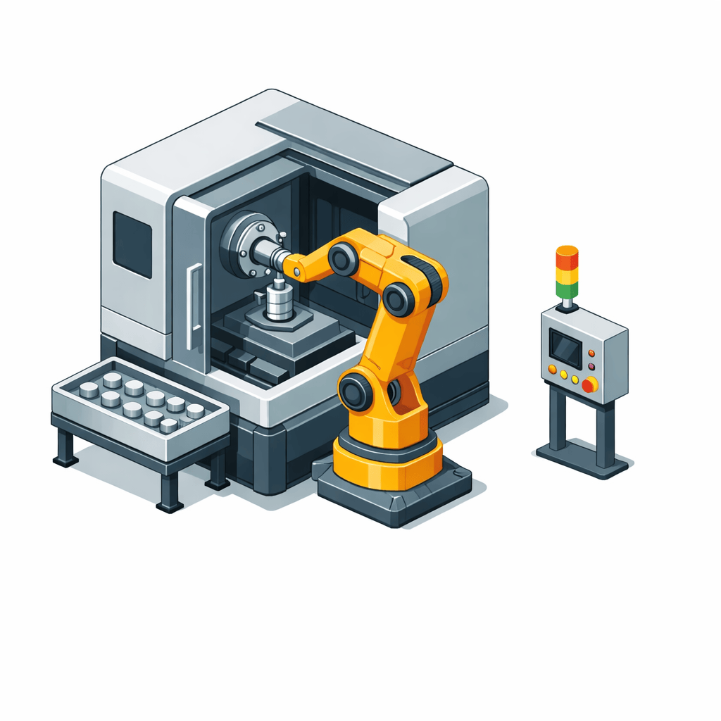 robotic cnc machine tending cell with a six-axis robot loading and unloading parts to maintain continuous machining and reduce idle time