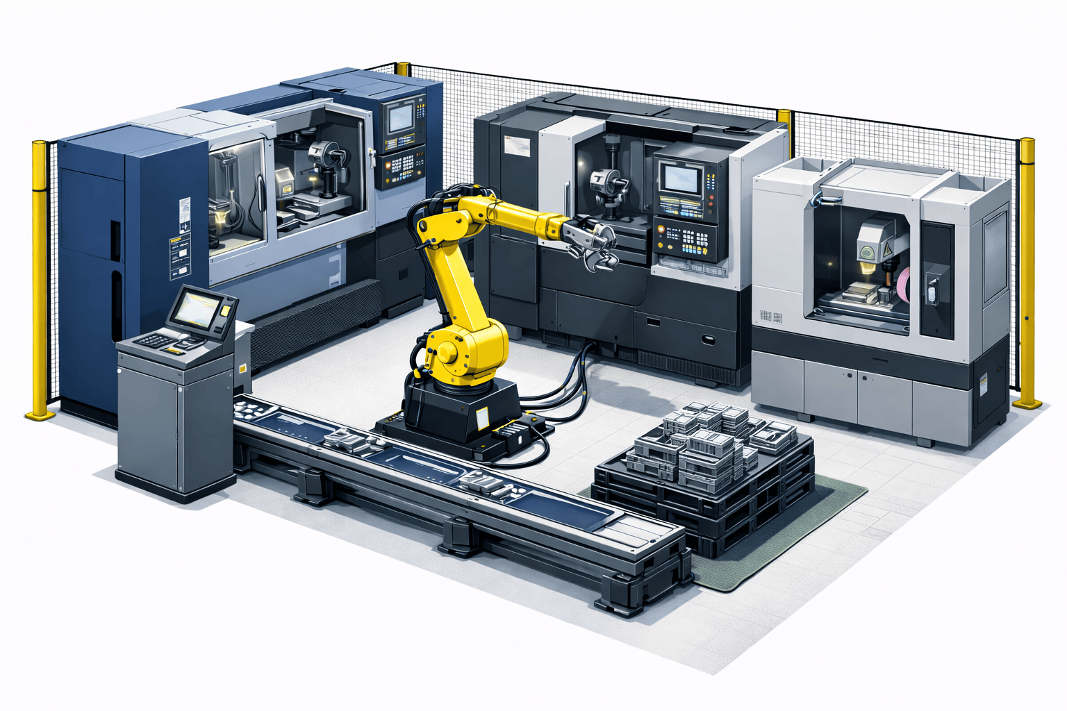 robotic arm tends multiple cnc machines by loading raw stock, unloading finished parts, and transferring work between stations while stacking completed components, enabling continuous multi machine operation and higher spindle utilization