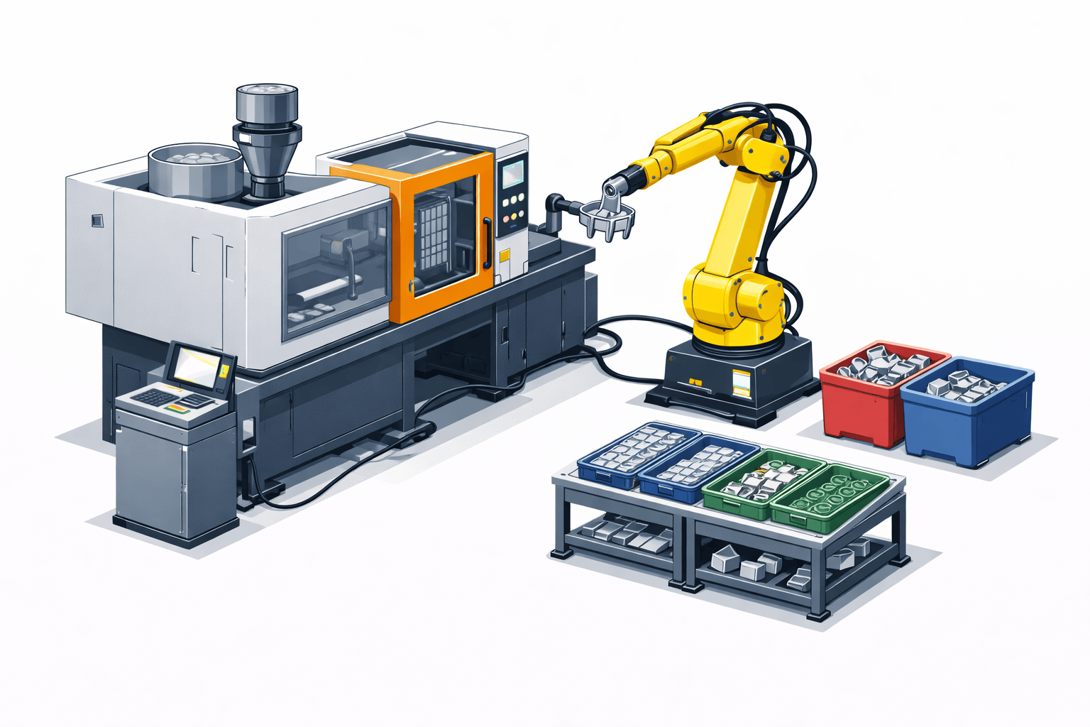 injection molding automation cell with robotic arm extracting molded parts and transferring them to downstream handling for consistent cycle timing