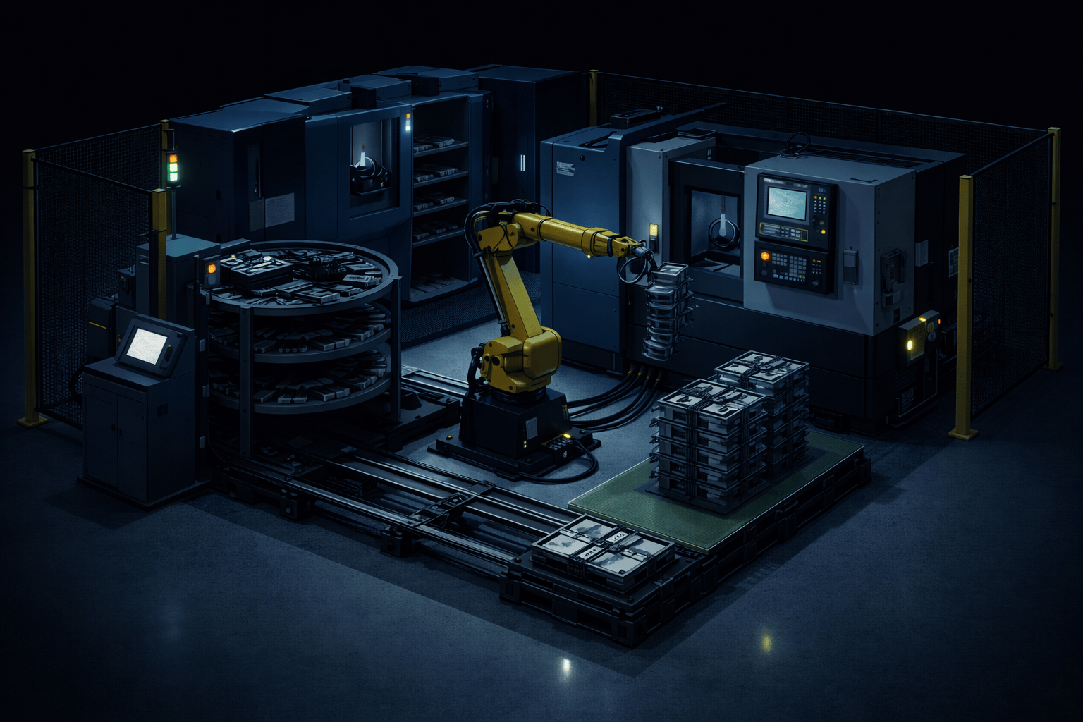 lights out cnc production cell with robotic tending and pallet staging enabling unattended machining during overnight and off-shift hours