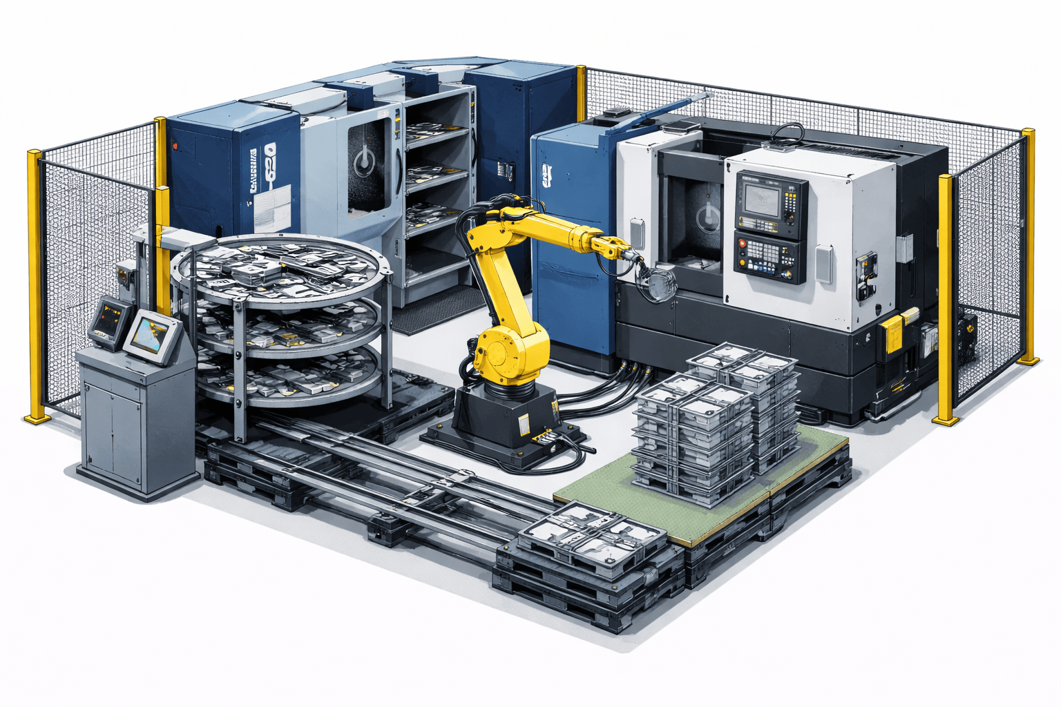 multi machine cnc robot cell with a six axis robot tending multiple machines by loading and unloading parts to keep production balanced and continuous