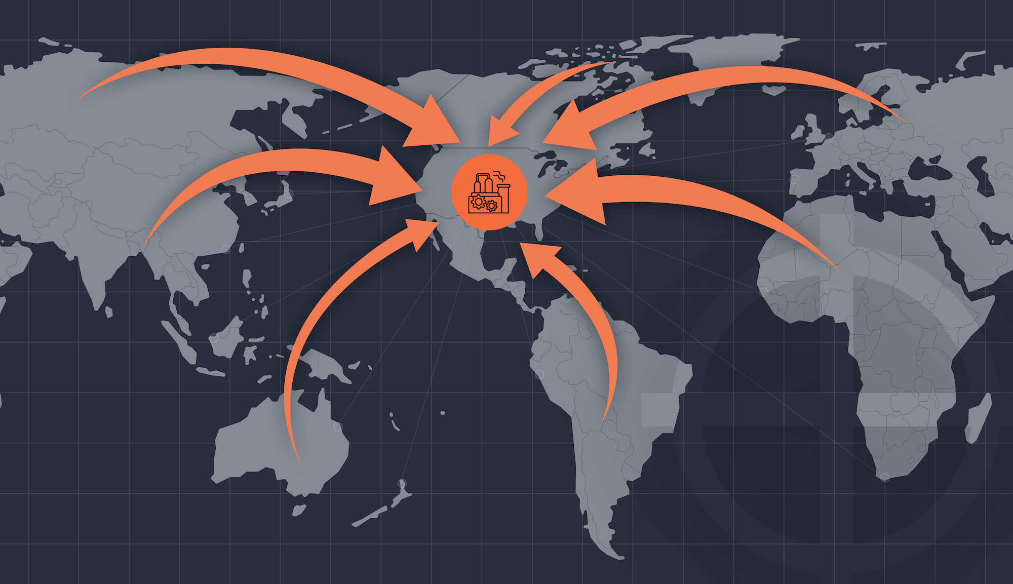 World map with united states at the center with arrows point from other countries representing manufacturing returning through reshoring