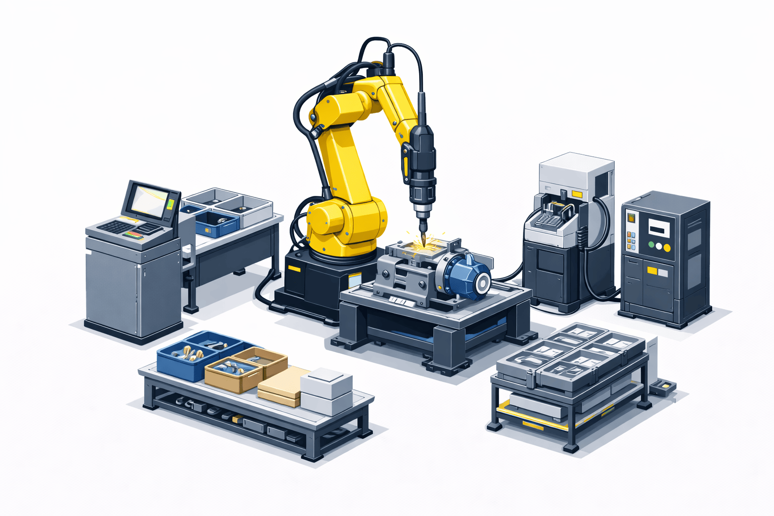 robotic assembly and fastening cell with industrial robot aligning components and applying fasteners with controlled torque for consistent assembly quality
