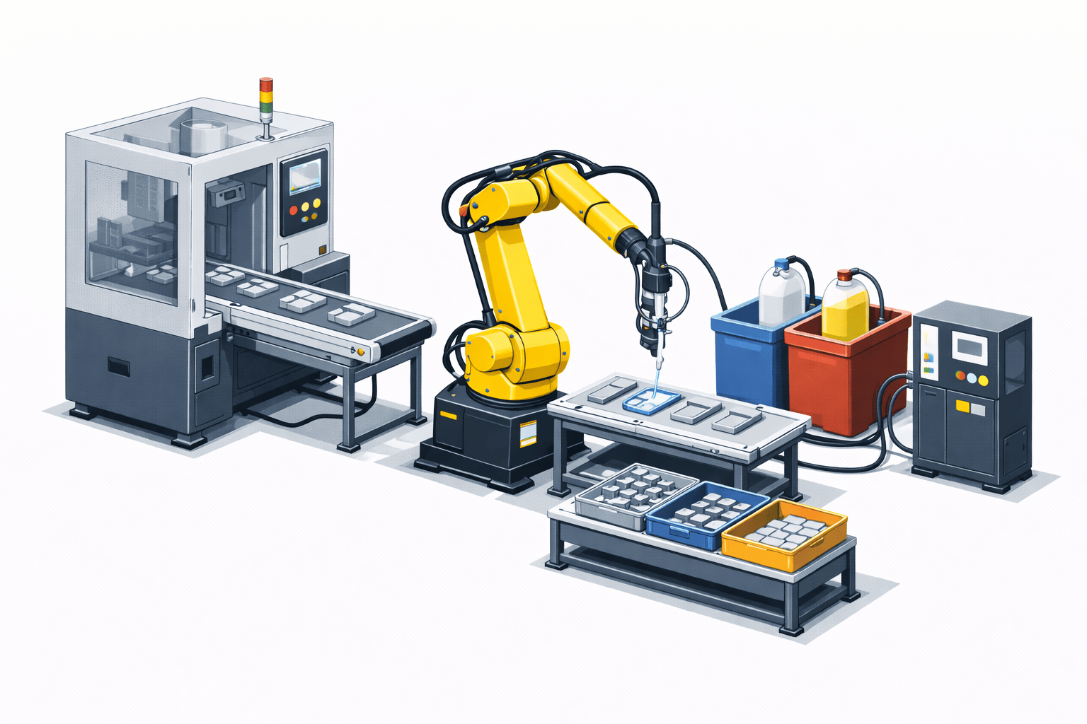 robotic dispensing and coating cell with automated system applying adhesives or coatings along programmed paths with controlled flow and precision