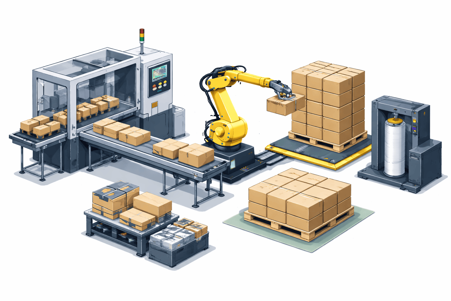 robotic packaging and palletizing cell with industrial robot stacking boxes onto pallets to maintain consistent end-of-line throughput