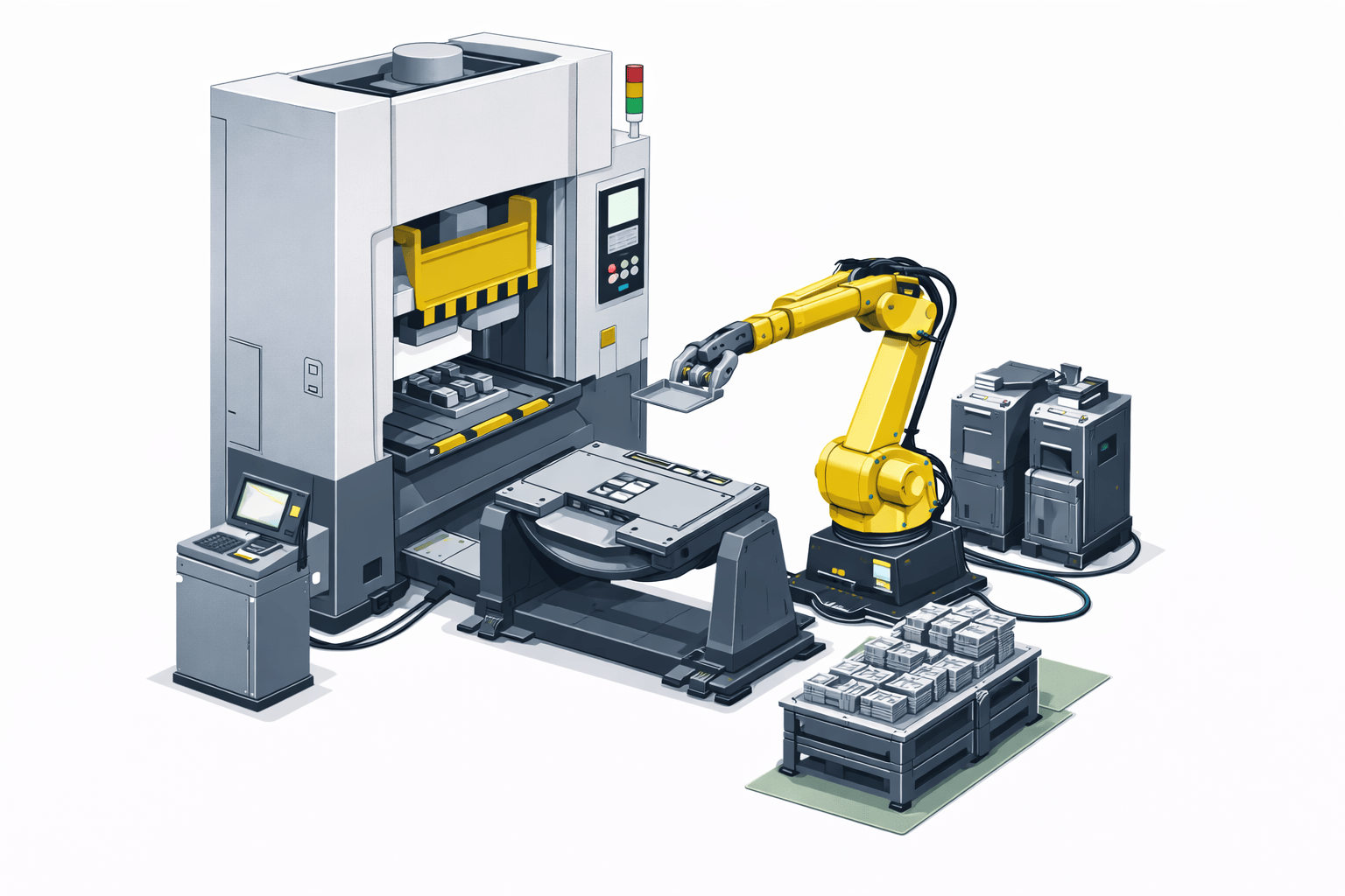 robotic press tending cell with industrial robot loading and unloading a stamping press to improve safety and maintain consistent cycle timing