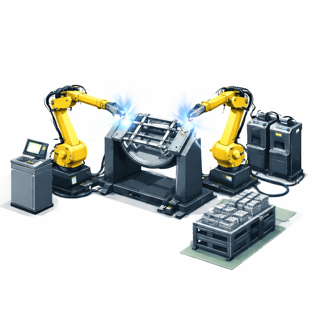 robotic welding cell with dual industrial robots performing programmed weld paths on a positioned workpiece for consistent fabrication output