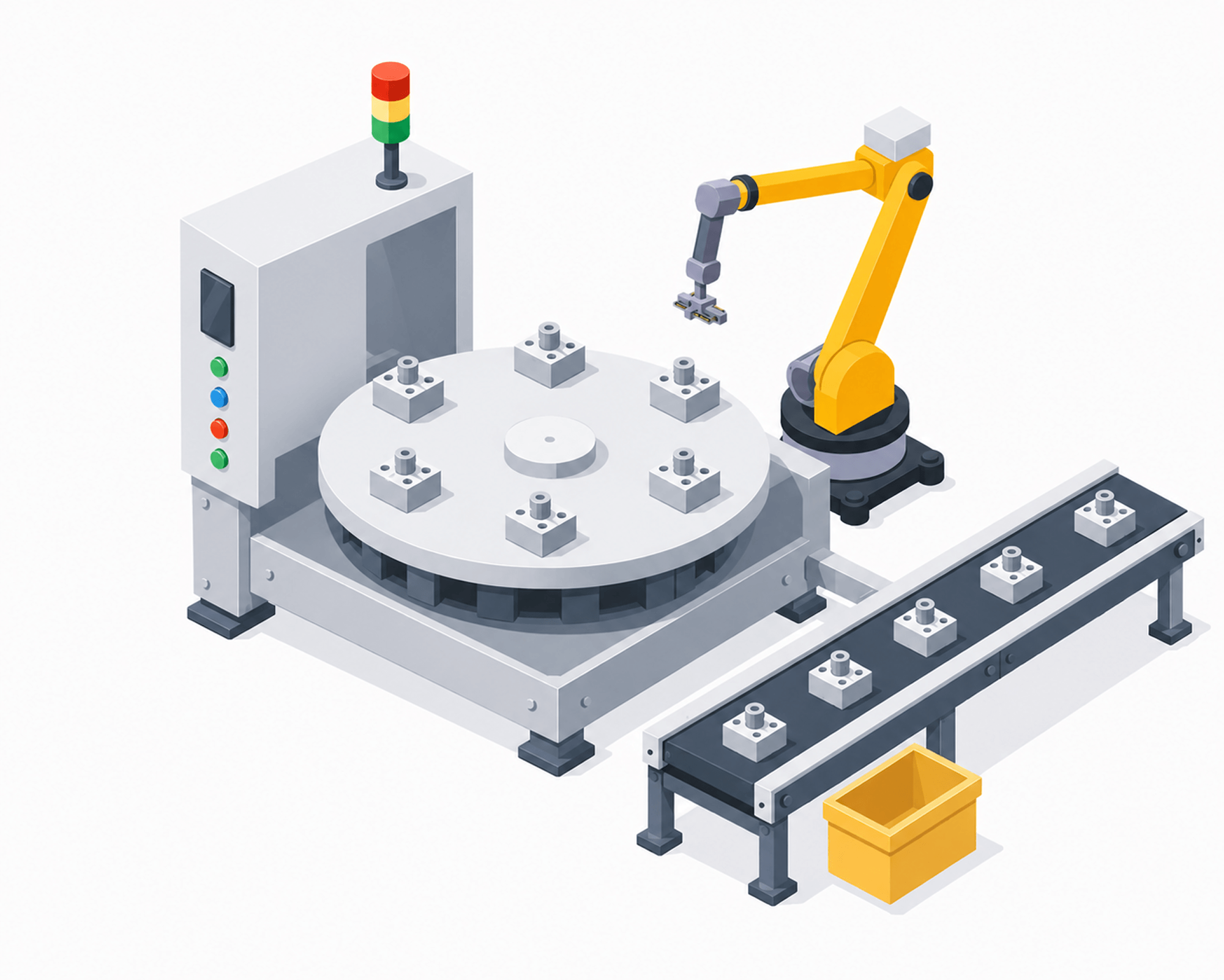 Robotic arm managing parts on a machine and conveyor
